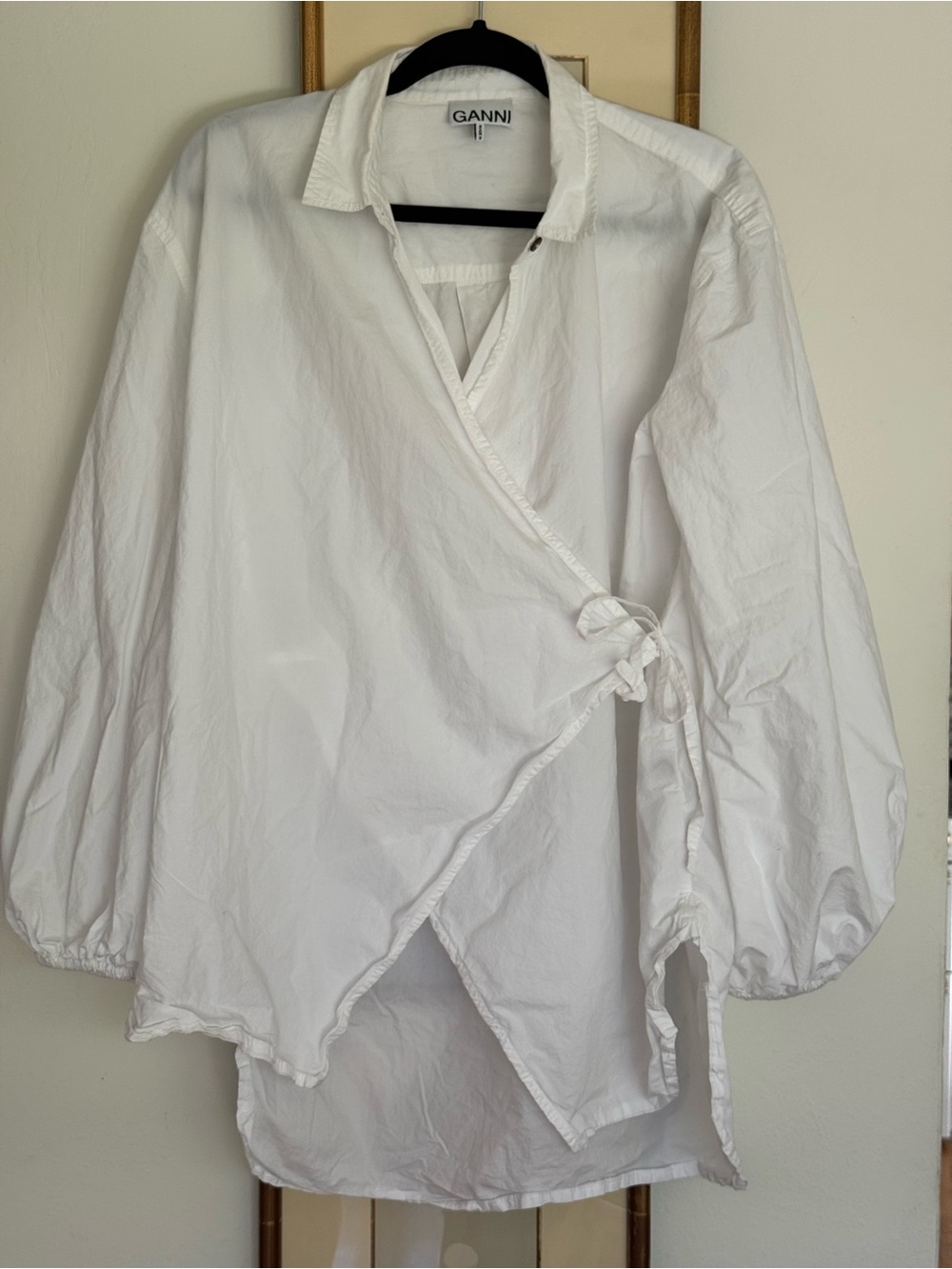 Ganni White Wrap-Style Balloon Sleeve Tunic